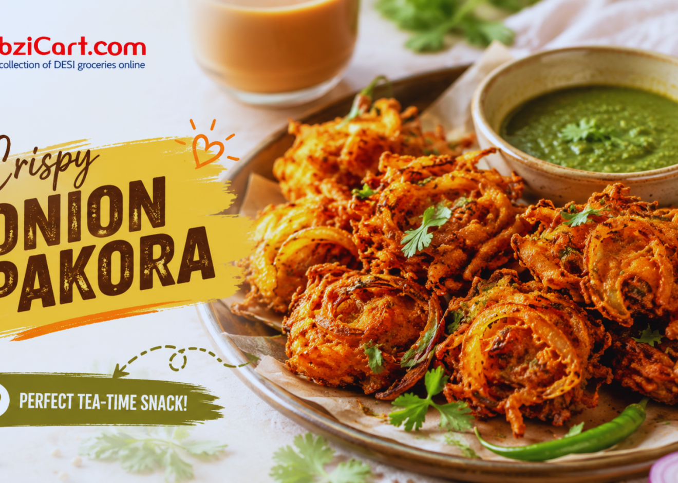 Serve crispy onion pakora with mint chutney and a cup of masala chai.