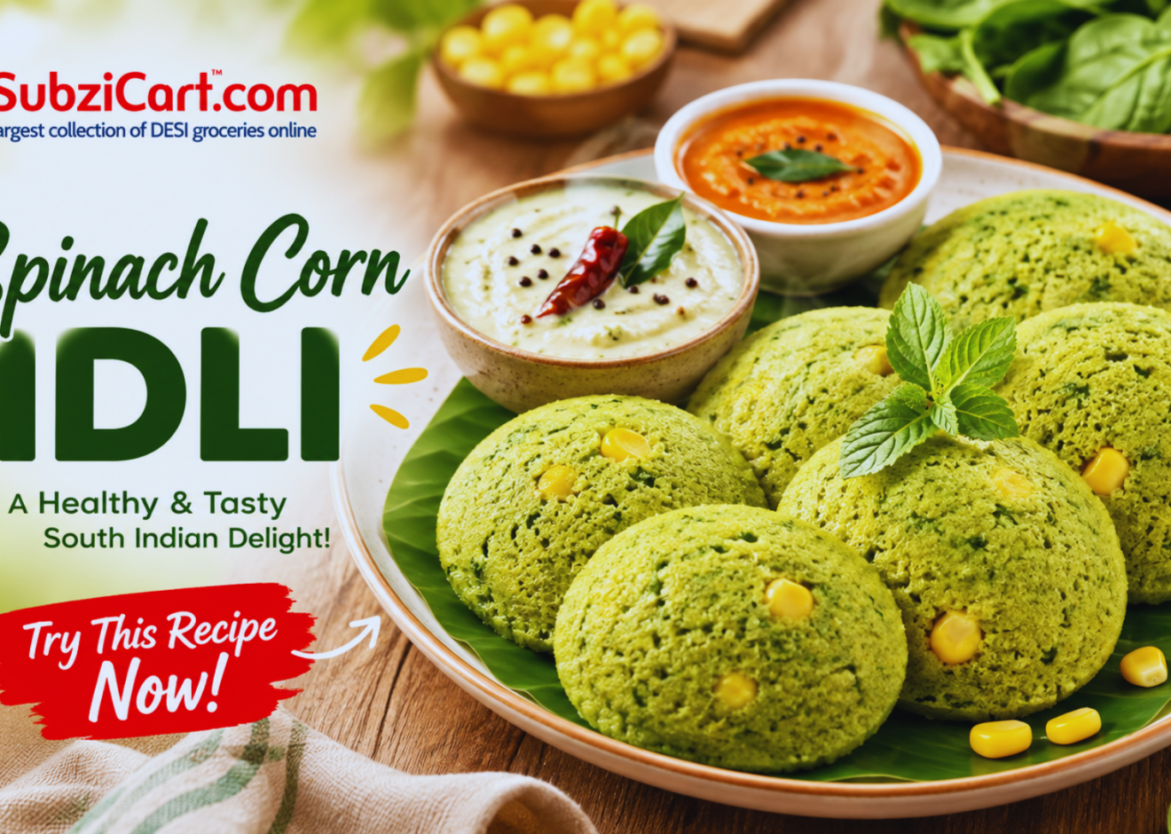 Soft and fluffy spinach corn idlis served with coconut chutney and sambar