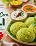 Soft and fluffy spinach corn idlis served with coconut chutney and sambar